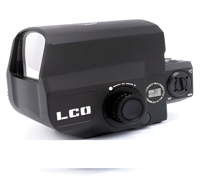LCO tactical red dot sight mounted on rifle with holographic reflex display visible