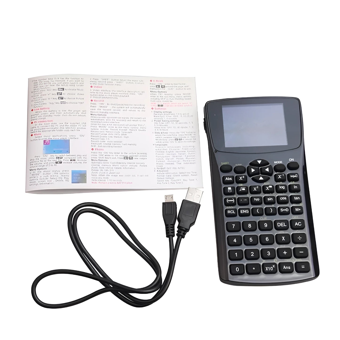 Black multifunctional e-book reader with a 2.8-inch screen and an adjustable carrying strap.