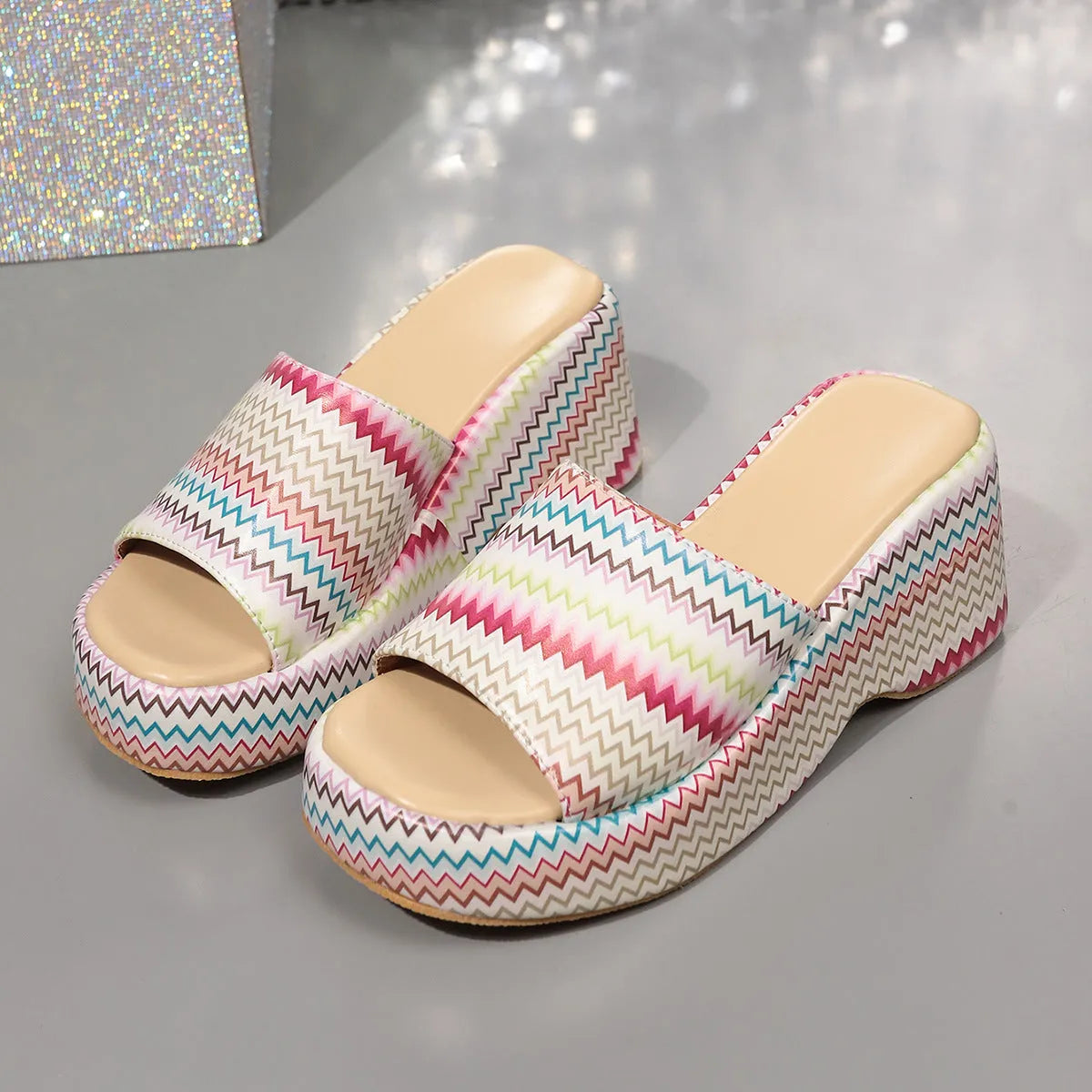 Women's beige wedges sandals with blue wave print, thick rubber sole, and fish mouth toe