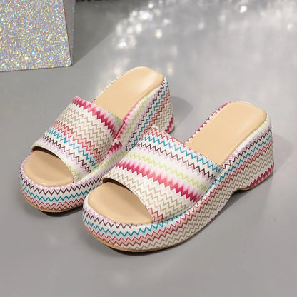 Women's beige wedges sandals with blue wave print, thick rubber sole, and fish mouth toe