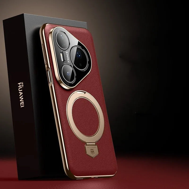Magnetic rotating bracket phone case for Huawei Pura 70/80 in Obsidian Black frosted feilin leather with fall protection