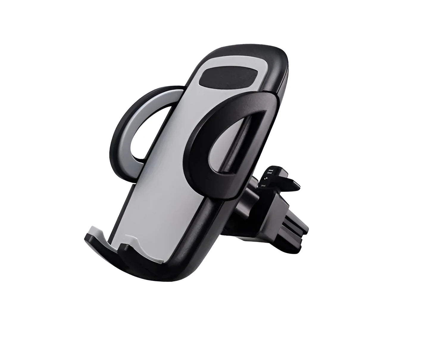 Black universal car air vent mobile phone holder attached to a vehicle vent, showing adjustable arms and 360-degree rotation.