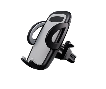 Black universal car air vent mobile phone holder attached to a vehicle vent, showing adjustable arms and 360-degree rotation.