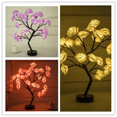 White and red rose flower LED lamp on a table with bonsai tree shape and warm white glow.