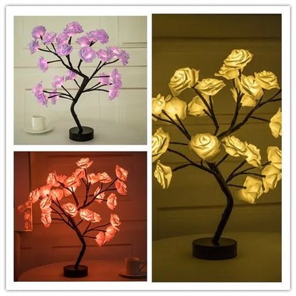 White and red rose flower LED lamp on a table with bonsai tree shape and warm white glow.