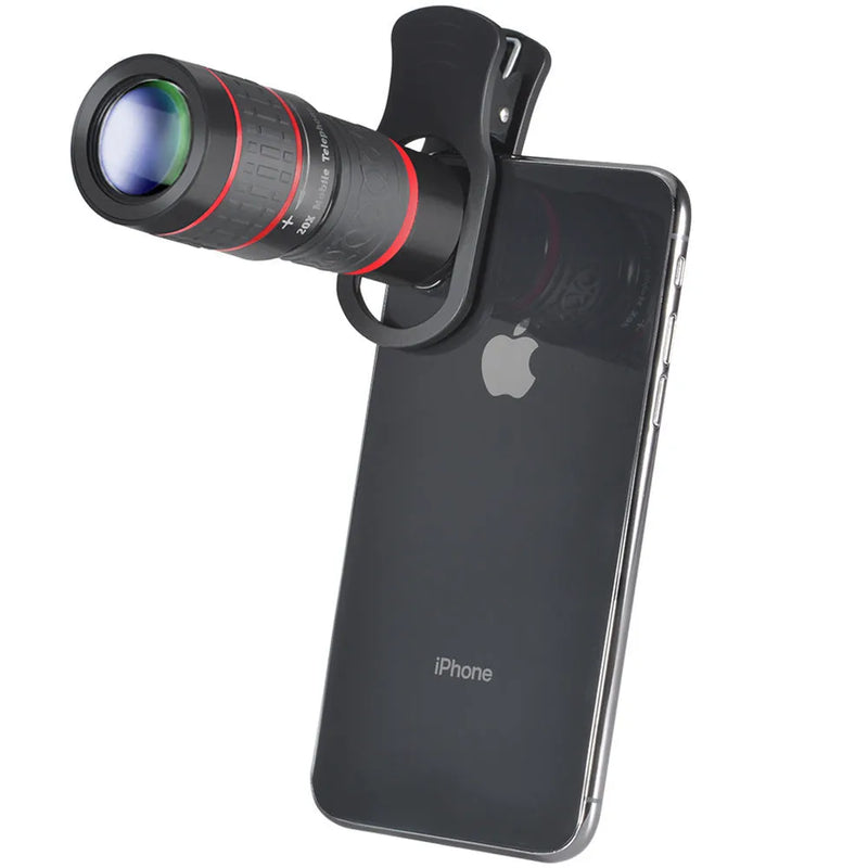 Mobile phone telescope lens attachment with 20x magnification universal clip mount for smartphone photography and distance viewing of sports, concerts, travel scenery, and wildlife observation