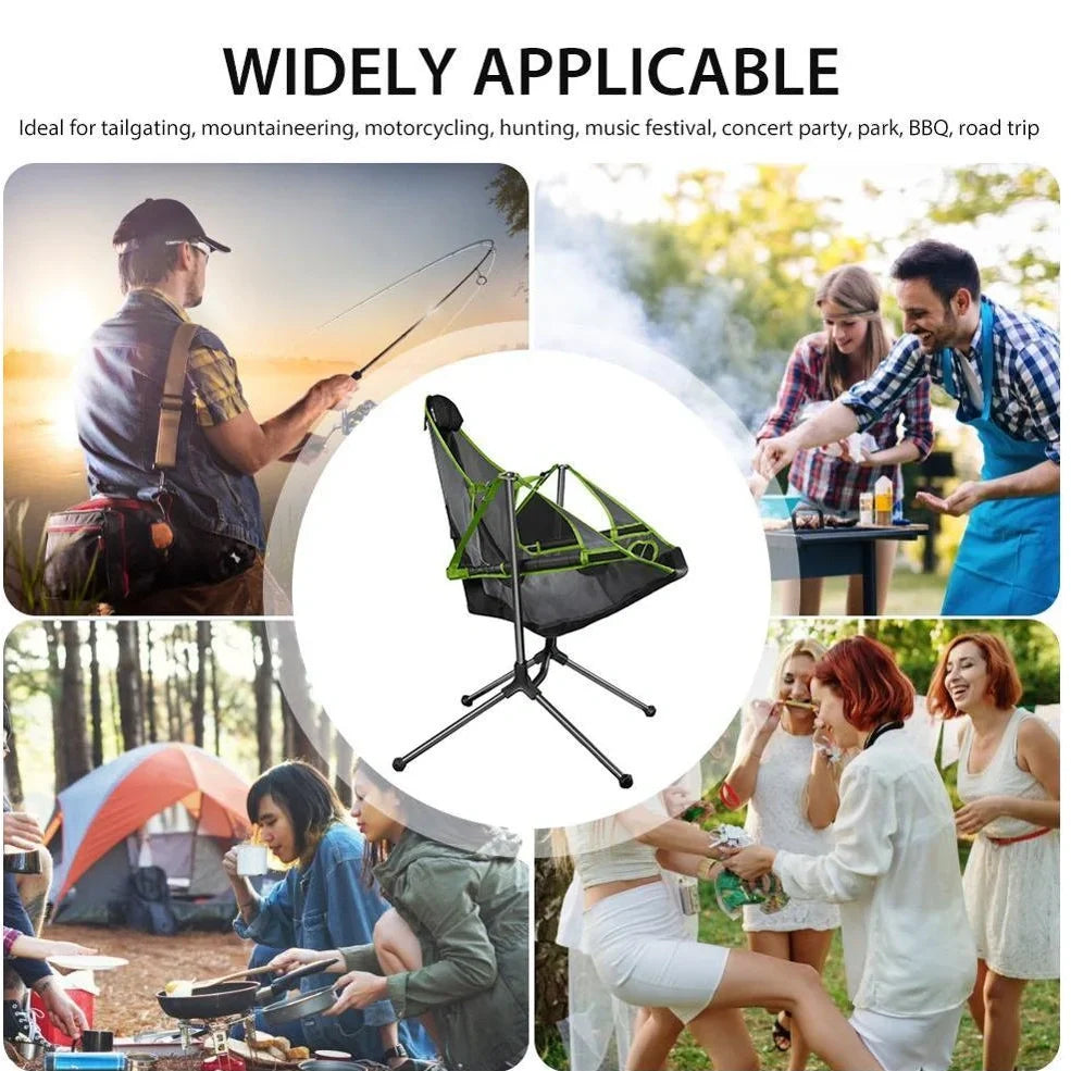 Green folding rocking chair unfolded on beach, 85cm tall with 60cm seat supporting 120kg