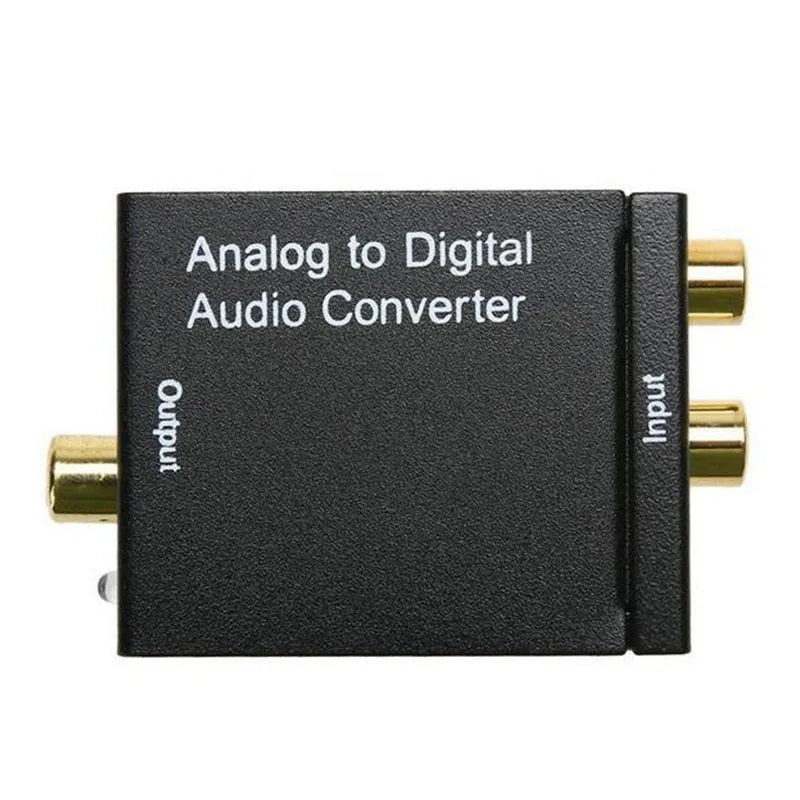 Black digital to analogue audio converter with Toslink and RCA inputs, RCA outputs, 5V power port.