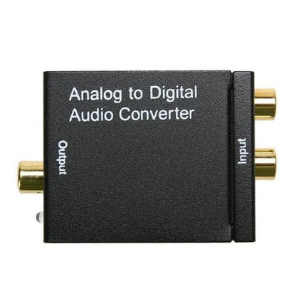 Black digital to analogue audio converter with Toslink and RCA inputs, RCA outputs, 5V power port.