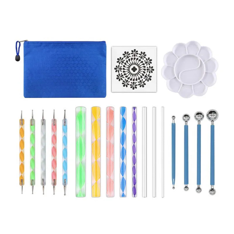 Pottery tool set with acrylic, stainless steel and plastic tools in a blue canvas roll
