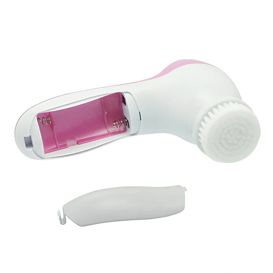 Pink electric facial cleanser device with 5 attachments for pore cleaning and blackhead removal, compact 130x70x48mm size