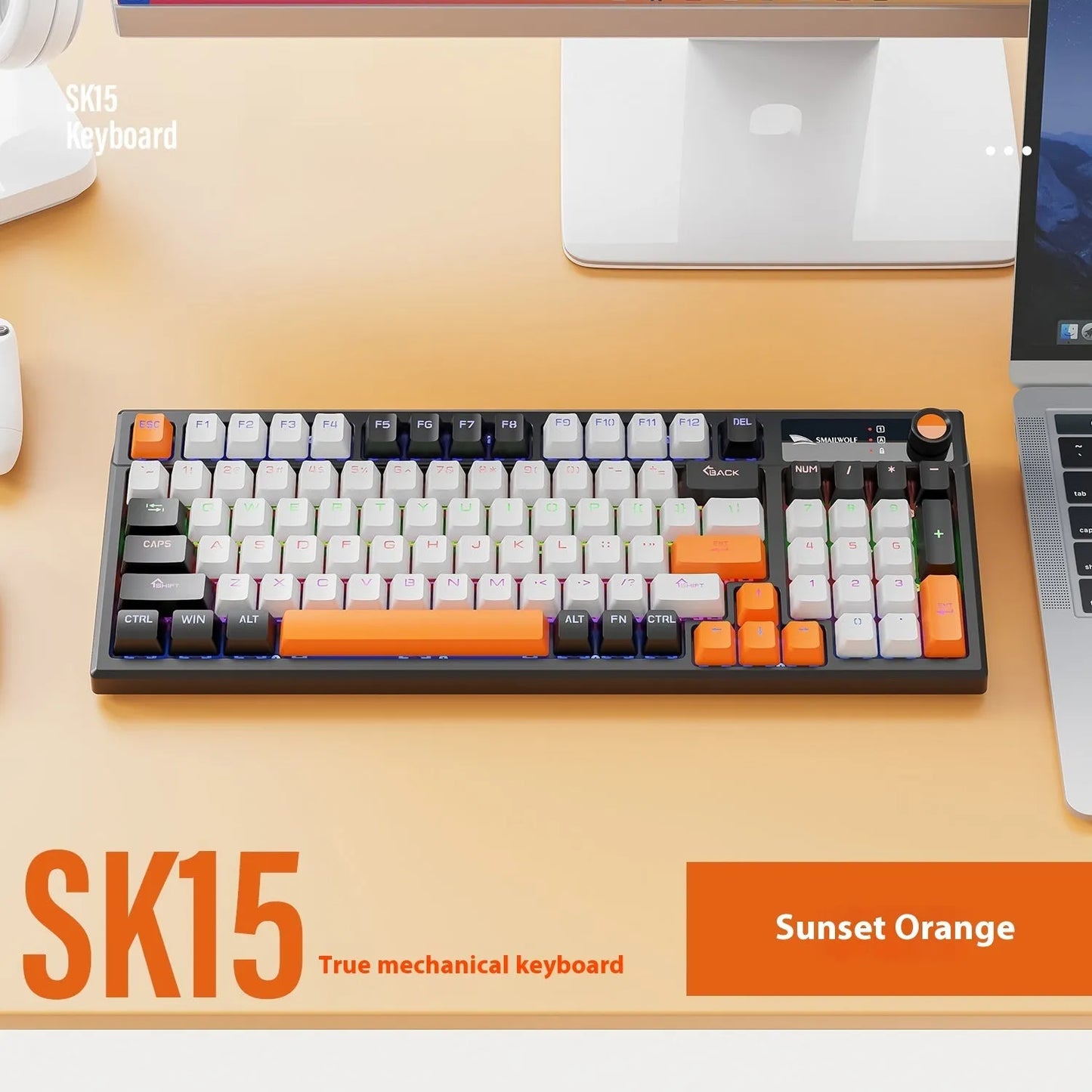 SK15 wired mechanical keyboard with rotary knob in choice of sunset orange, autumn water blue, or black colour for e-sports gaming