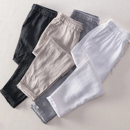 Men's straight linen trousers in four colour options showing mid waist and straight-leg cut
