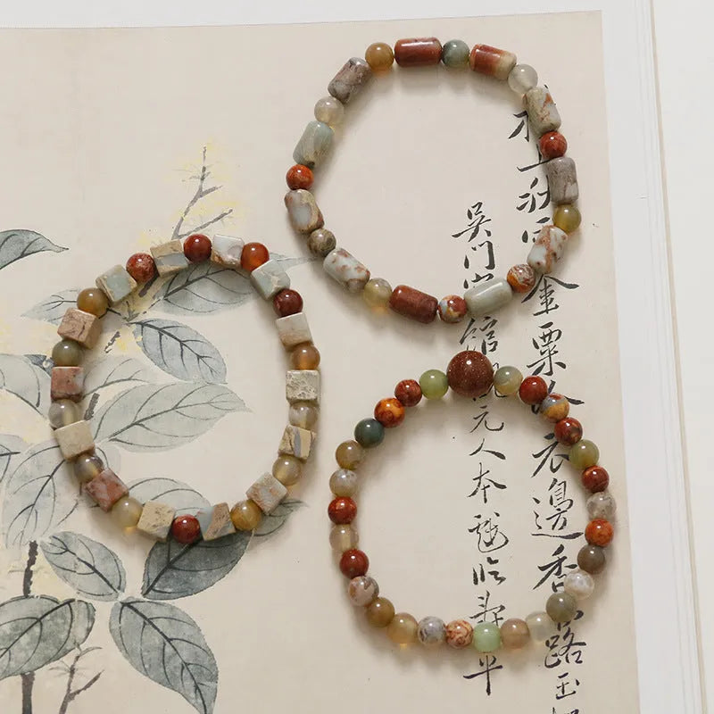 Human Fireworks natural Shoushan stone agate bracelet, hand-woven unisex geometric round design