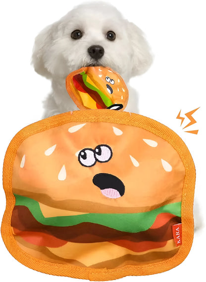 Hamburger-shaped crinkle and squeaky dog toy with vivid colours for puppies and dogs