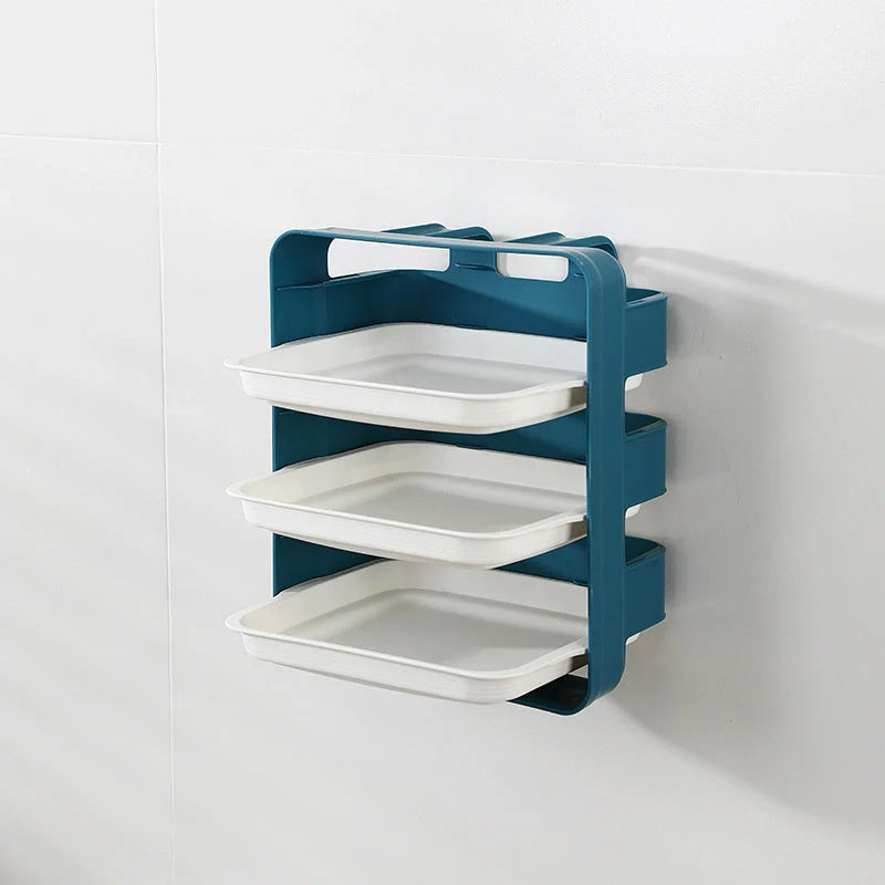 Wall-mounted kitchen shelf with stackable trays in navy blue, white, and coffee colour options