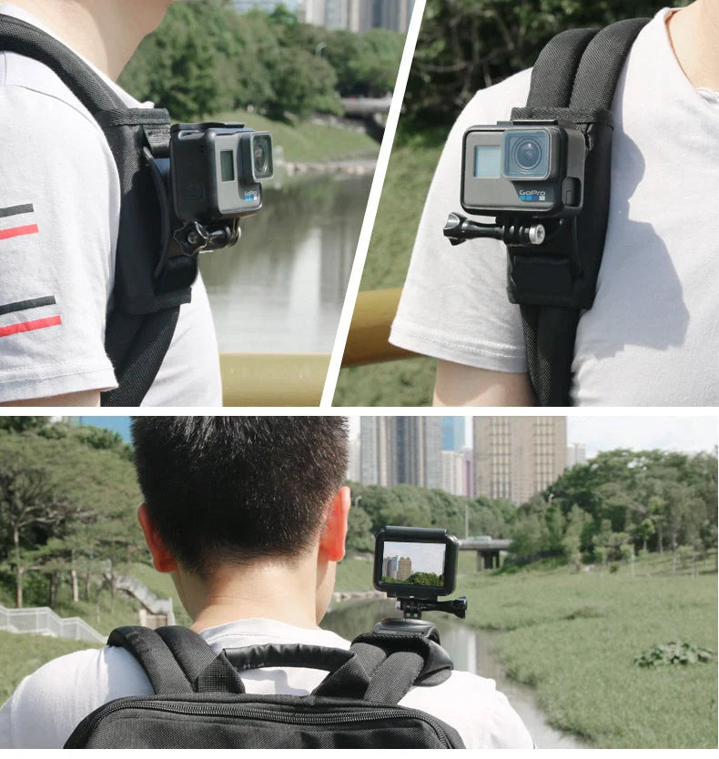 Camera backpack clip holder in black, made from POM/PVC plastic and polyester cloth