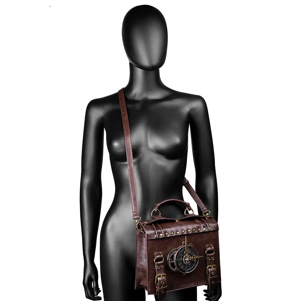 Bronze steampunk industrial retro shoulder bag with metal hardware on horizontal square pillow bag design