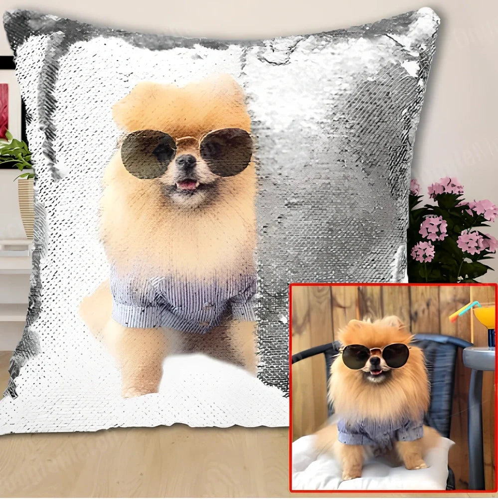 Custom photo sequin cushion cover measuring 40cm square with reversible gold silver luminous surface