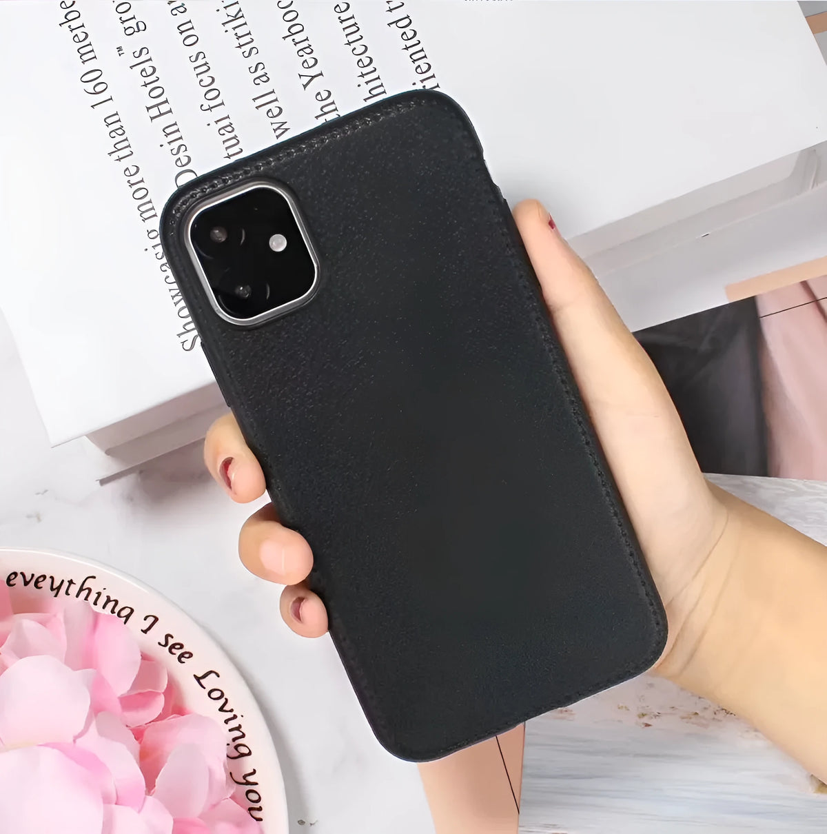 Leather-textured TPU phone case for iPhone in black, brown, navy blue, or wine red colour options.
