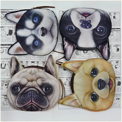 Cat dog face zipper coin purse in polyester and plush, 13x12.5cm, with zip closure for coins and makeup
