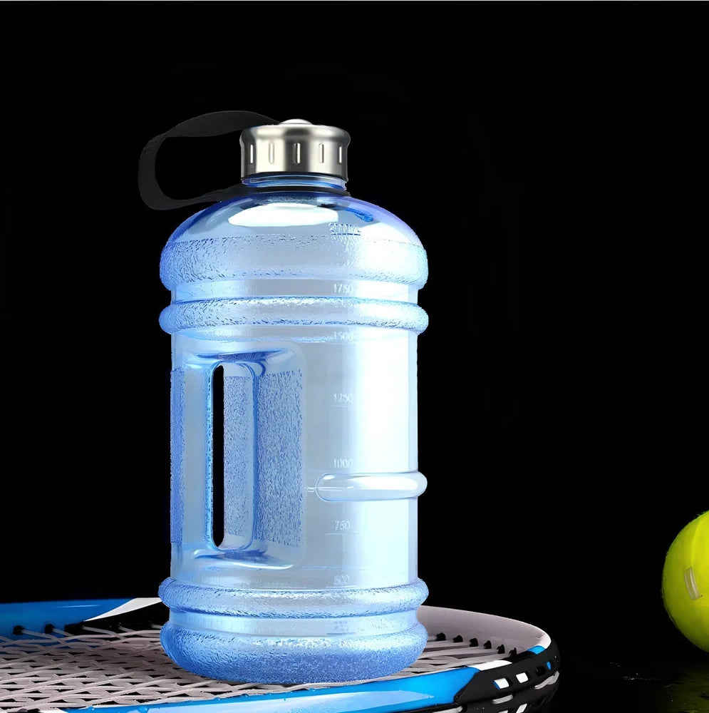 2-litre sports bottle with dumbbell shape in multiple colours including fuchsia, blue, pink, black, green, yellow