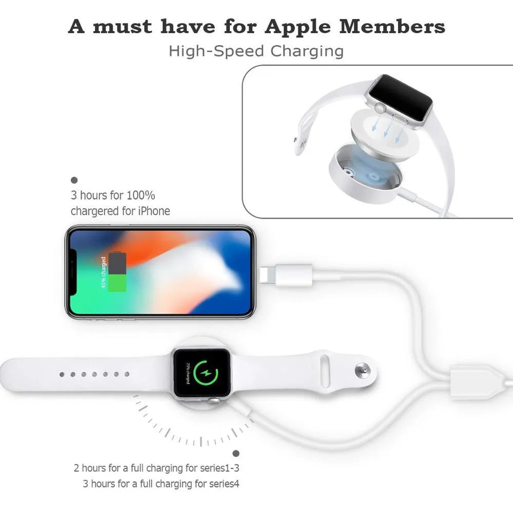 White two-in-one wireless watch charger with USB interface on desk