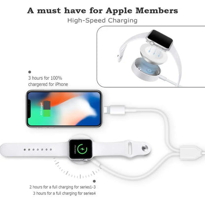 White two-in-one wireless watch charger with USB interface on desk