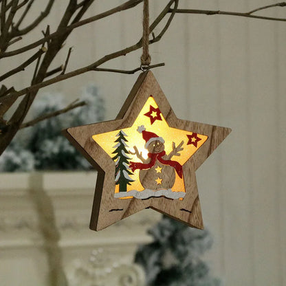 Set of four laser-cut wooden Christmas tree ornaments: old man, snowman, deer, and five-star snowman in mixed colours.