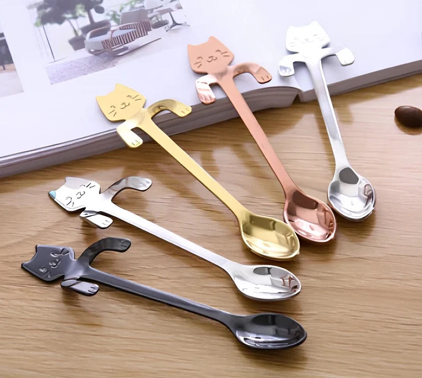 Stainless steel coffee spoon with cartoon cat handle showing hanging hole and smooth edges