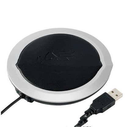 USB-powered heated coaster in various colours to keep coffee, tea, and other hot beverages warm