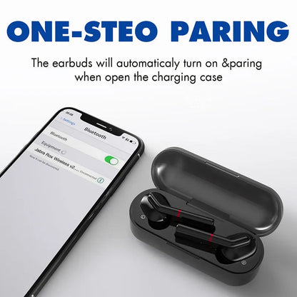 VV1 black and white Bluetooth wireless earphones with charging case showing in-ear design