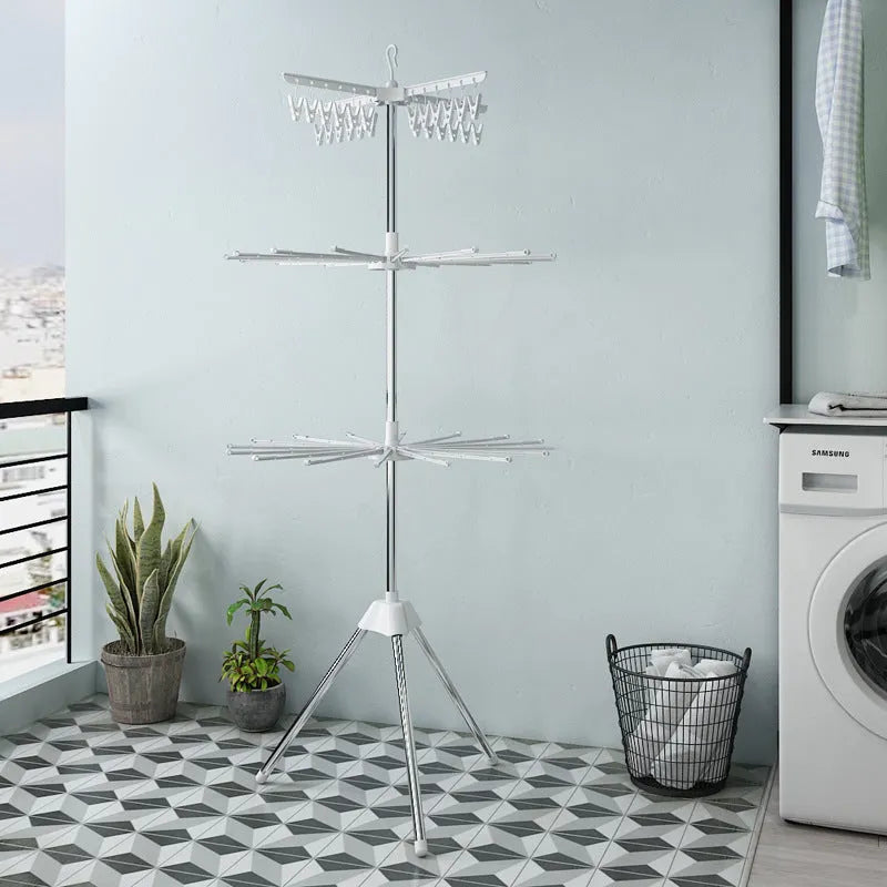 Three-layer stainless steel drying rack with plastic clips for socks, ties and small garments