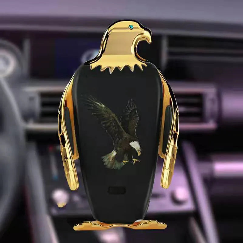 Car phone holder with wireless charging pad and Eagle design on a suction cup mount.