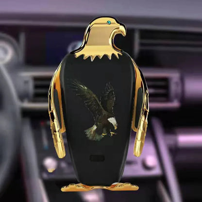 Car phone holder with wireless charging pad and Eagle design on a suction cup mount.
