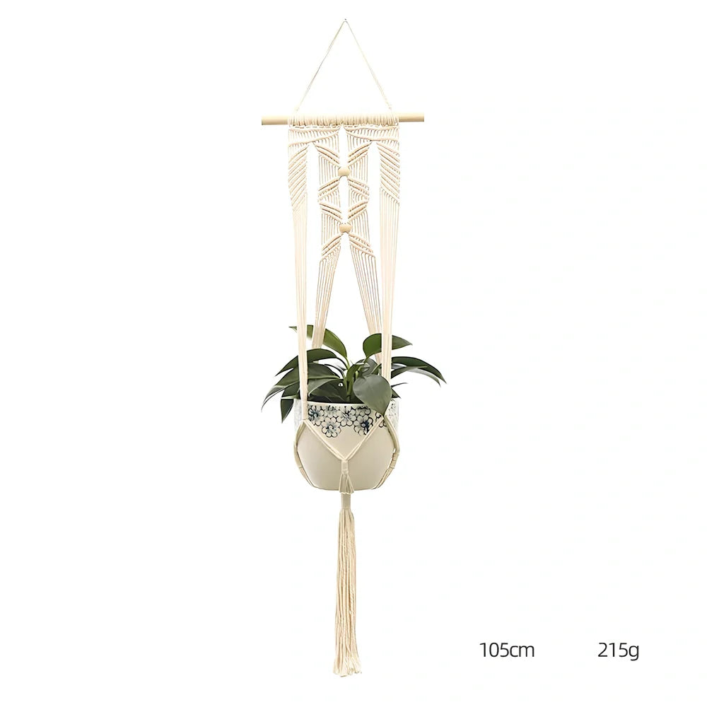 Hand-knitted cotton flowerpot net bag showing intricate pattern and hanging installation with plant