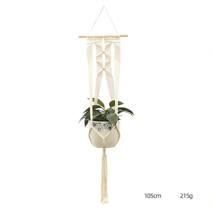 Hand-knitted cotton flowerpot net bag showing intricate pattern and hanging installation with plant