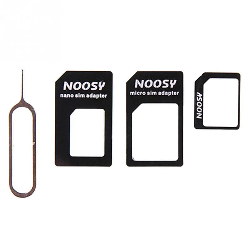 Three-piece SIM card adapter kit with storage case in black or white, compatible with most standard smartphones for convenient SIM size switching between standard, micro and nano sizes without requiring tools or shop visits