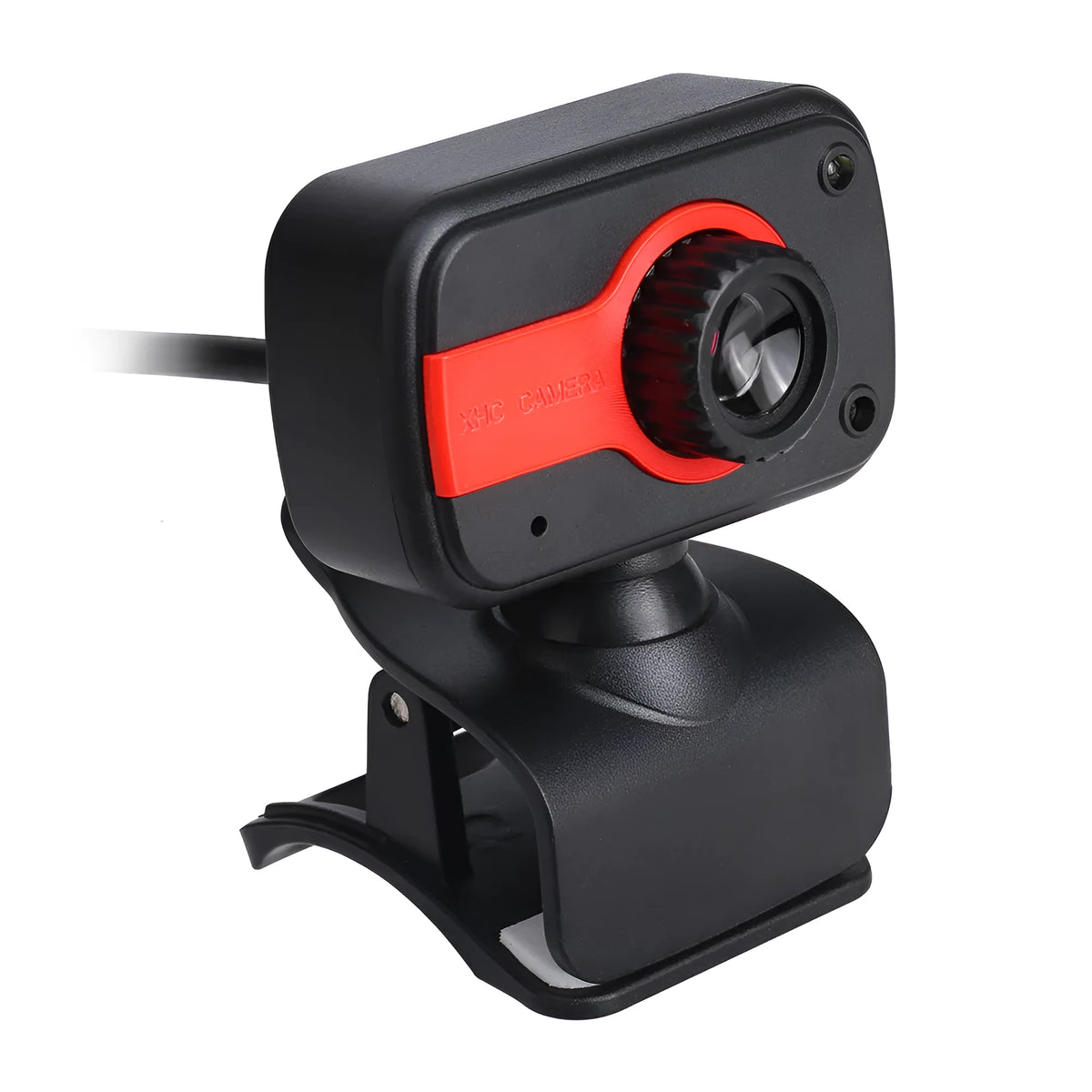 Blue mini USB webcam with a 1.45m cable showing its 360-degree rotating head on a laptop.