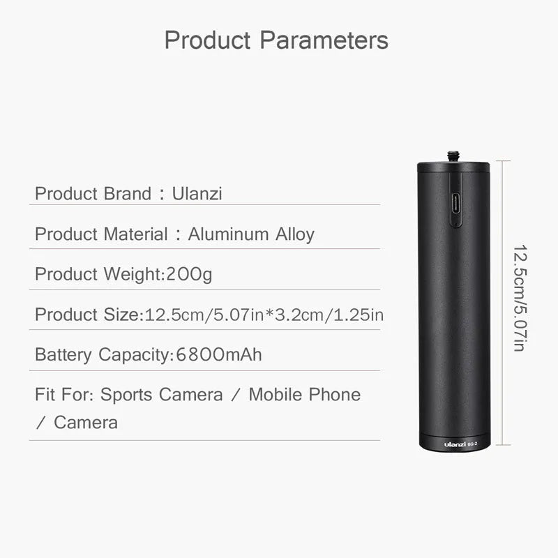 Black aluminium alloy power bank with a built-in carrying handle, shown with dimensions.