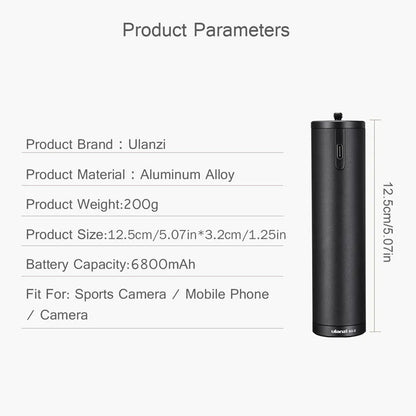 Black aluminium alloy power bank with a built-in carrying handle, shown with dimensions.