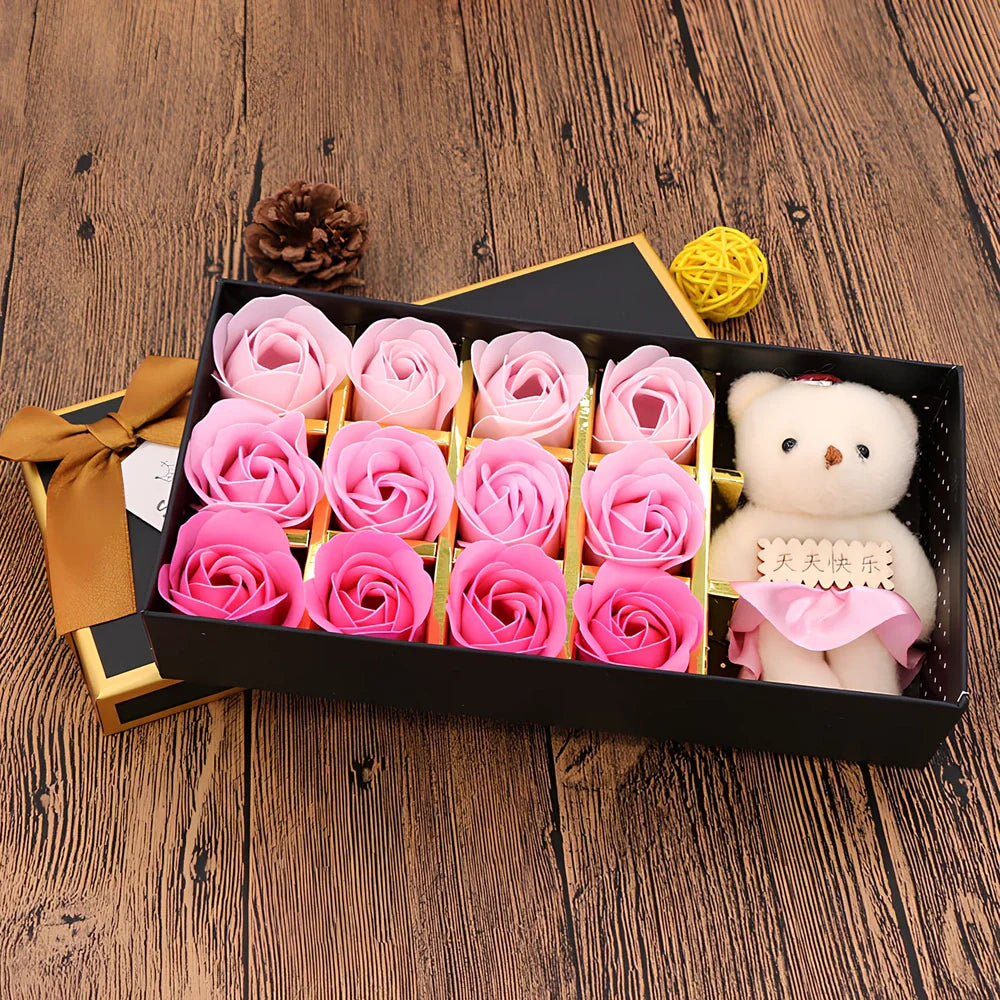 12 rose soap flowers with bear accents in basket arrangement, red colour variant in gift box