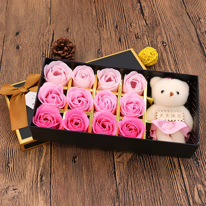 12 rose soap flowers with bear accents in basket arrangement, red colour variant in gift box