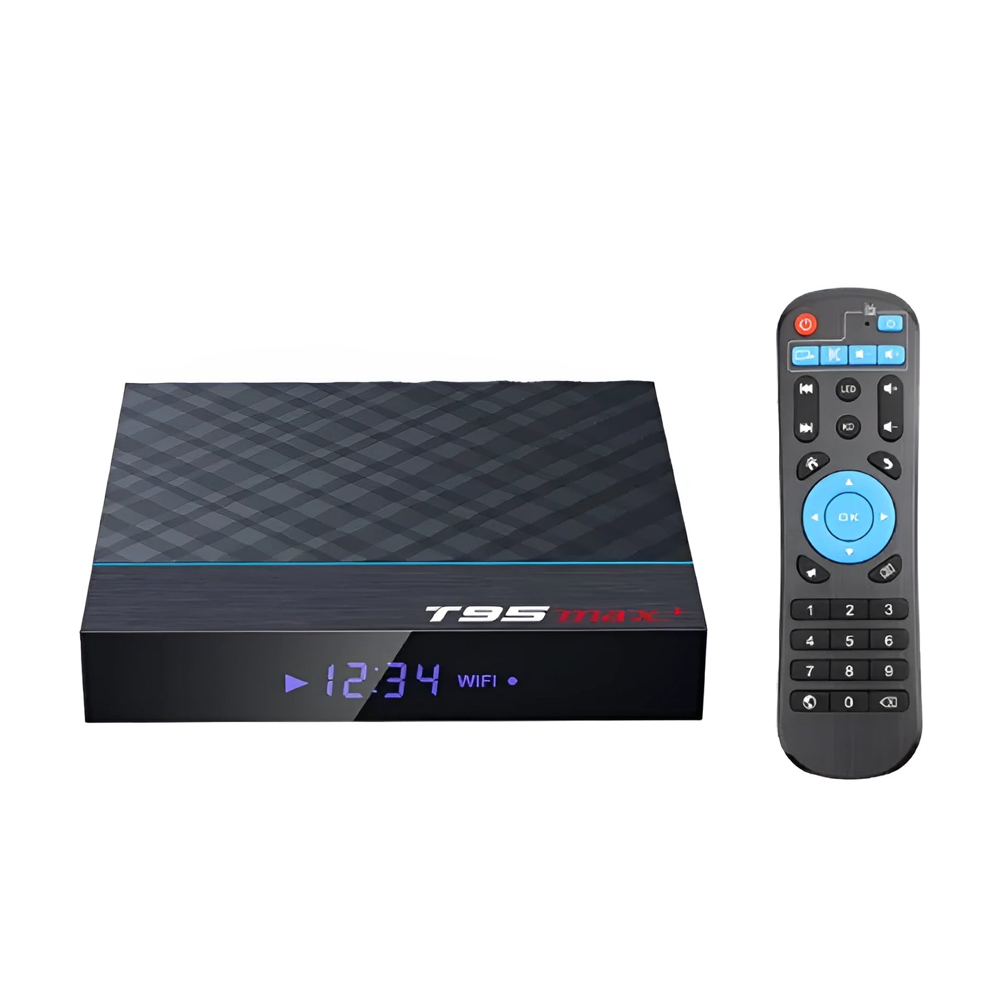 Black T95 Max Plus Android TV Box set-top unit with remote control on a wooden surface.