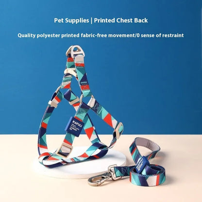 Blue polyester dog haulage vest with integrated leash set on a model, showing the chest strap and traction rope.