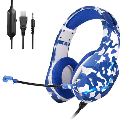 Wired gaming headset with cloth earmuffs and braided cable in camouflage blue colour.