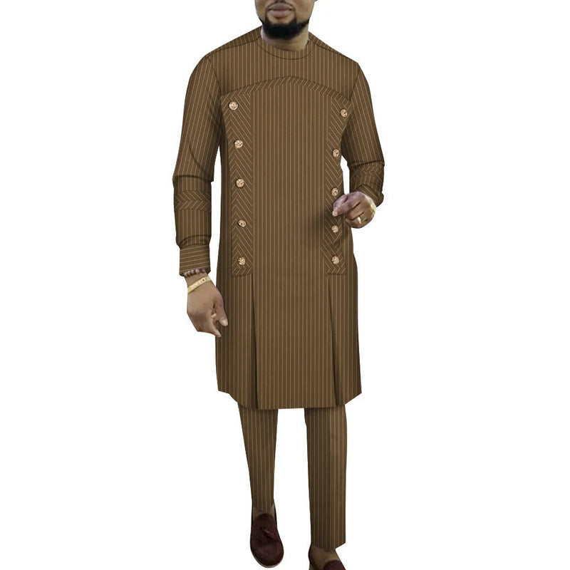 Cotton men's African striped robe two-piece set casual long sleeve top and trousers loungewear set in multiple colours and sizes up to 6XL including 2XL, 3XL, 4XL, 5XL, and 6XL