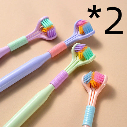 A soft bristle toothbrush with a unique triple-sided brush head for deep cleaning and customizable bristle firmness.