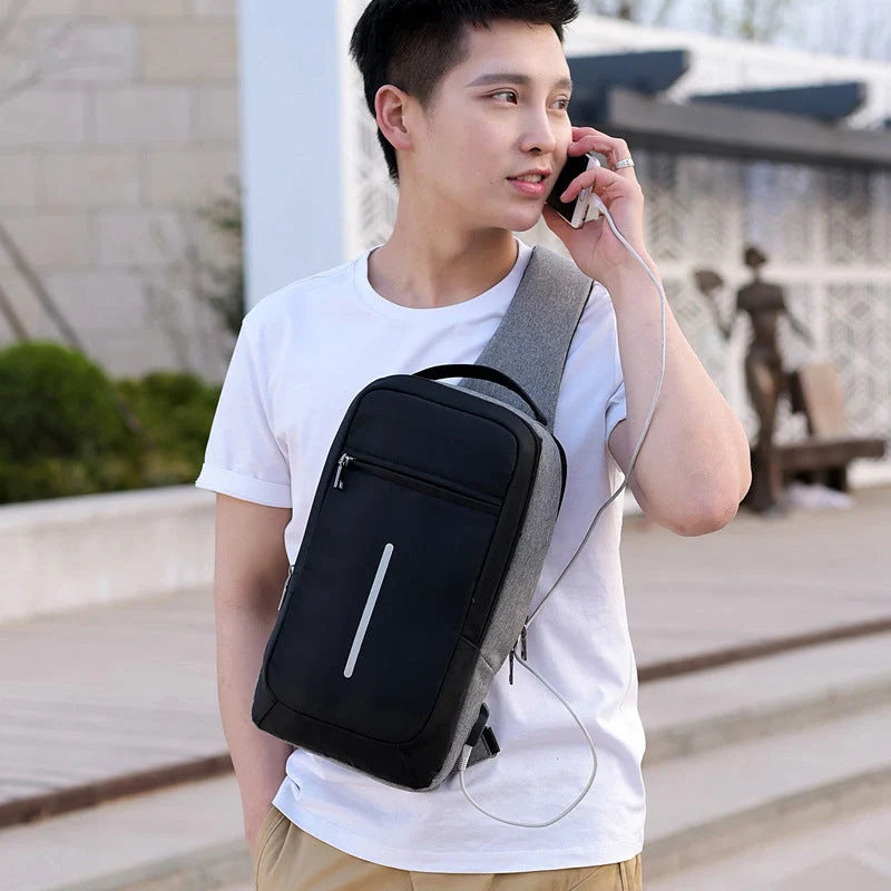 Anti-theft USB charging chest bag in polyester with computer pocket