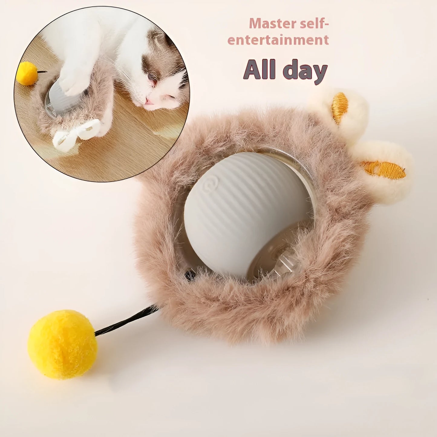 Silicone rolling ball cat toy showing red, green, and grey colour options with self-hi motion mechanism